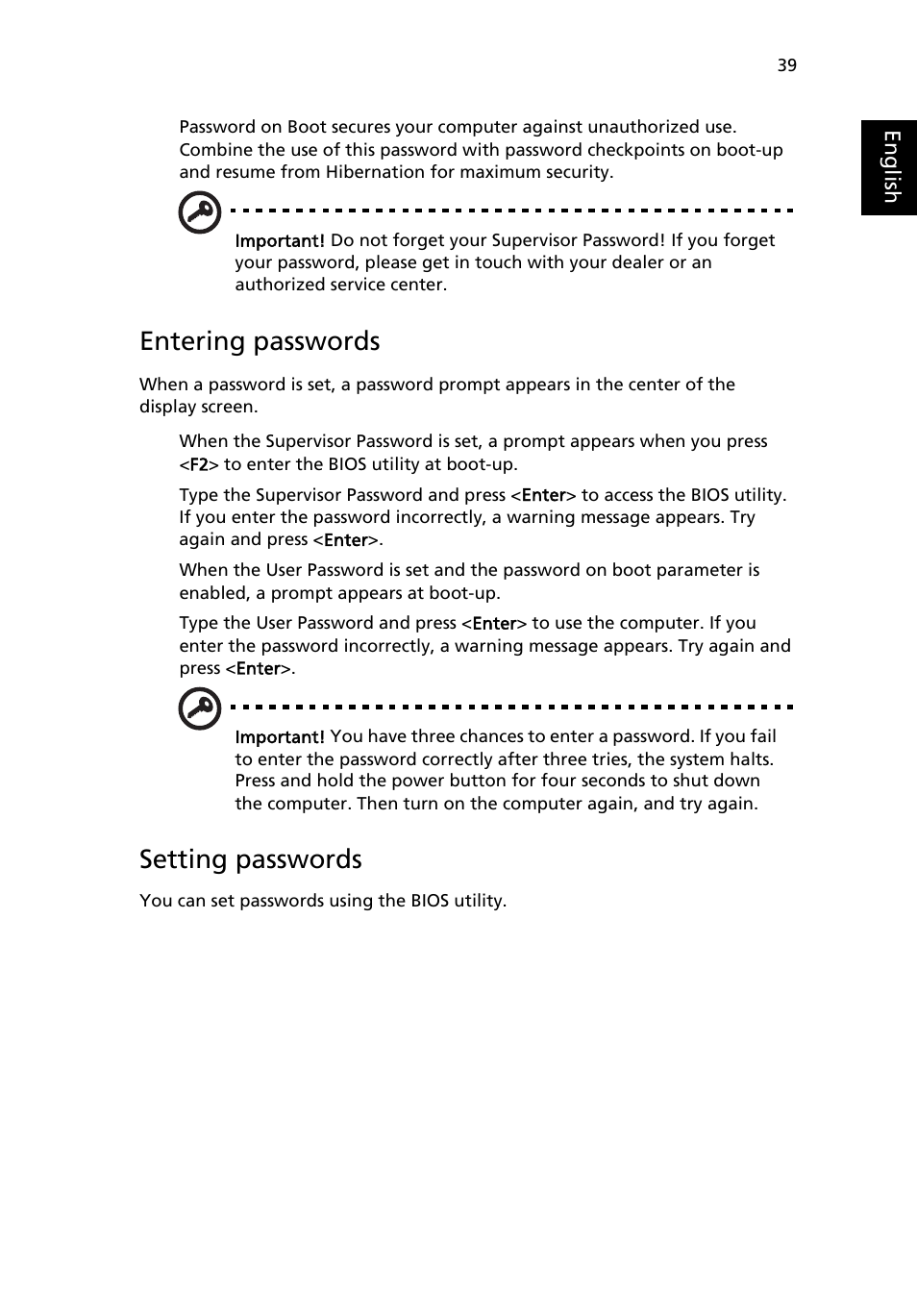 Entering passwords, Setting passwords | Acer TravelMate 4100 User Manual | Page 49 / 76