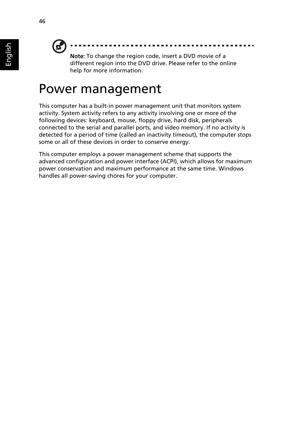 Power management | Acer TravelMate 4100 User Manual | Page 56 / 76