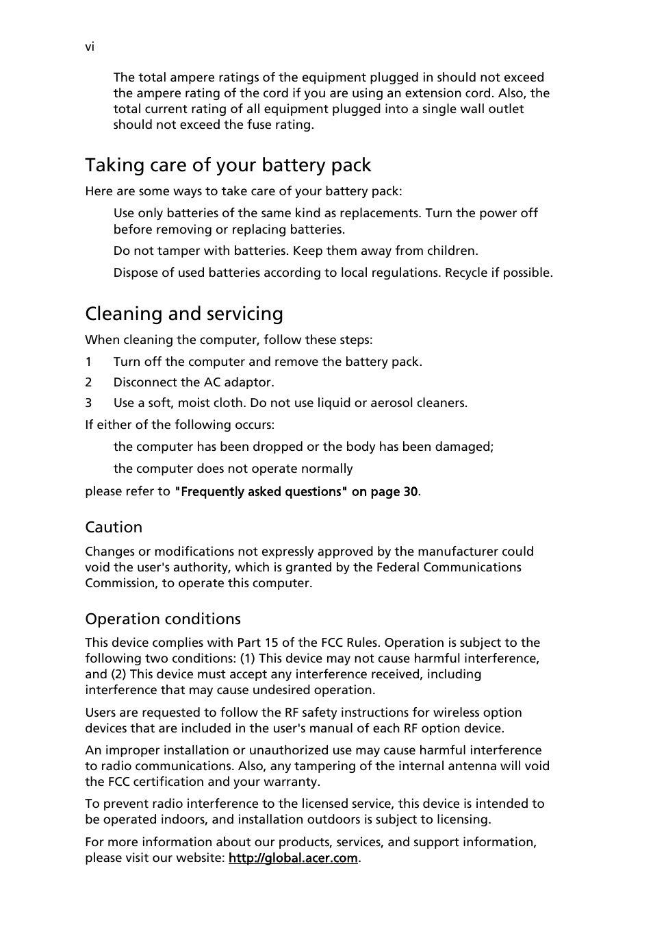 Taking care of your battery pack, Cleaning and servicing | Acer TravelMate 4100 User Manual | Page 6 / 76