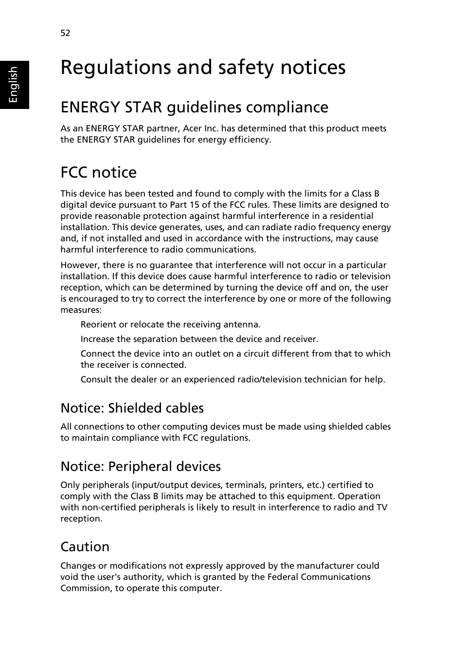 Regulations and safety notices, Energy star guidelines compliance, Fcc notice | Notice: shielded cables, Notice: peripheral devices, Caution | Acer TravelMate 4100 User Manual | Page 62 / 76