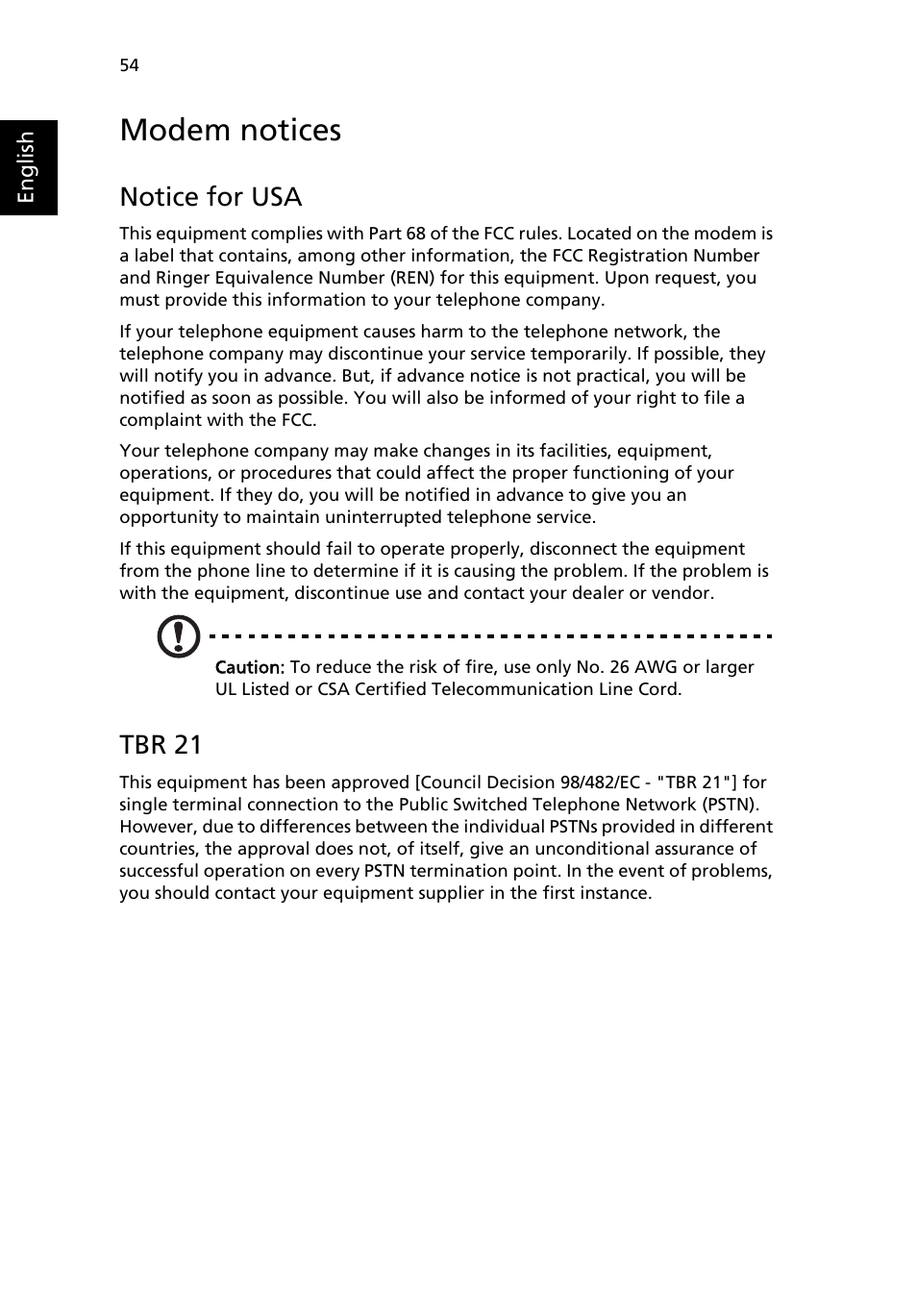 Modem notices, Notice for usa, Tbr 21 | Acer TravelMate 4100 User Manual | Page 64 / 76