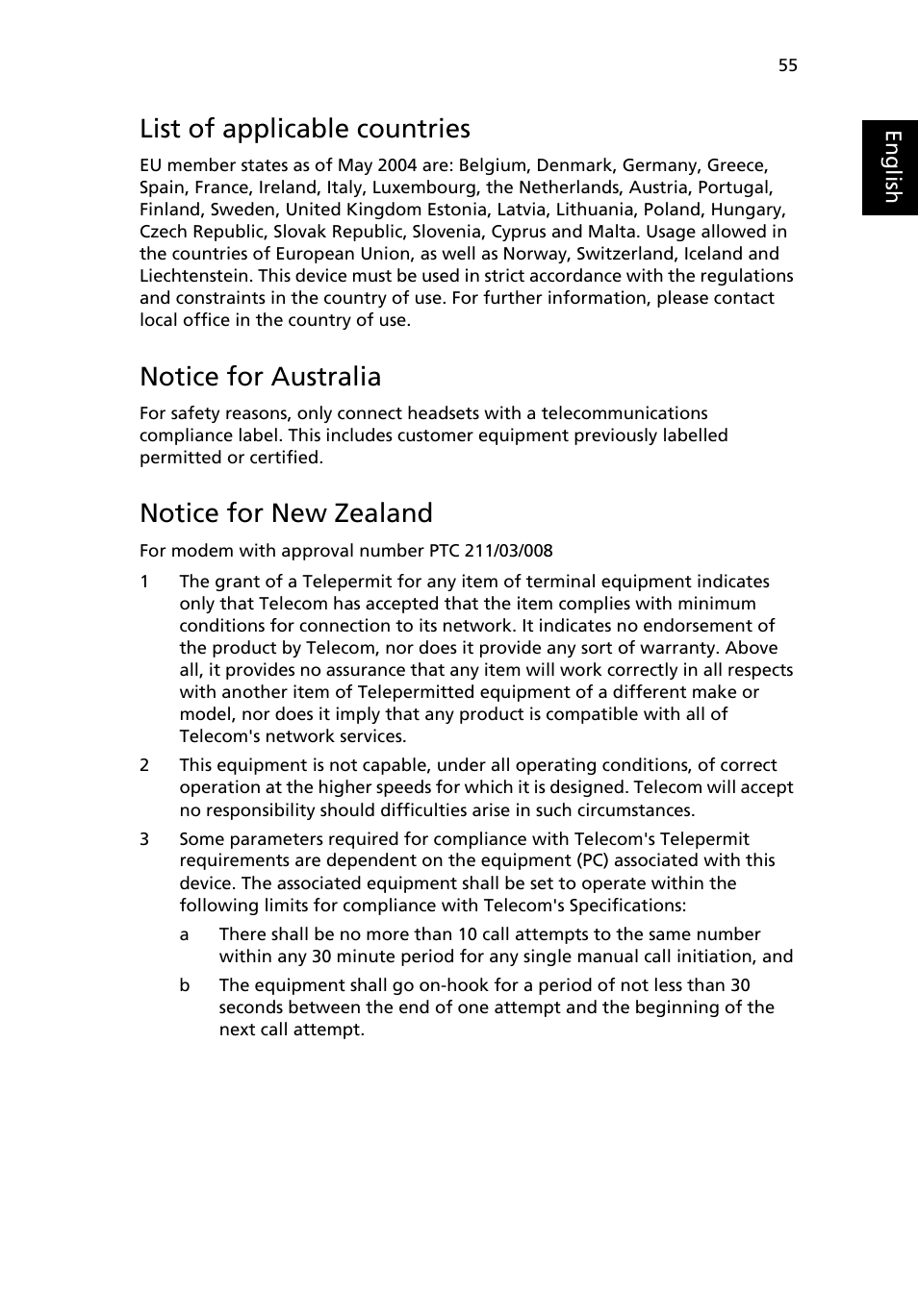List of applicable countries, Notice for australia, Notice for new zealand | Acer TravelMate 4100 User Manual | Page 65 / 76