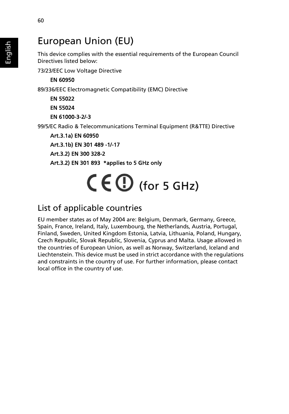 European union (eu), List of applicable countries | Acer TravelMate 4100 User Manual | Page 70 / 76