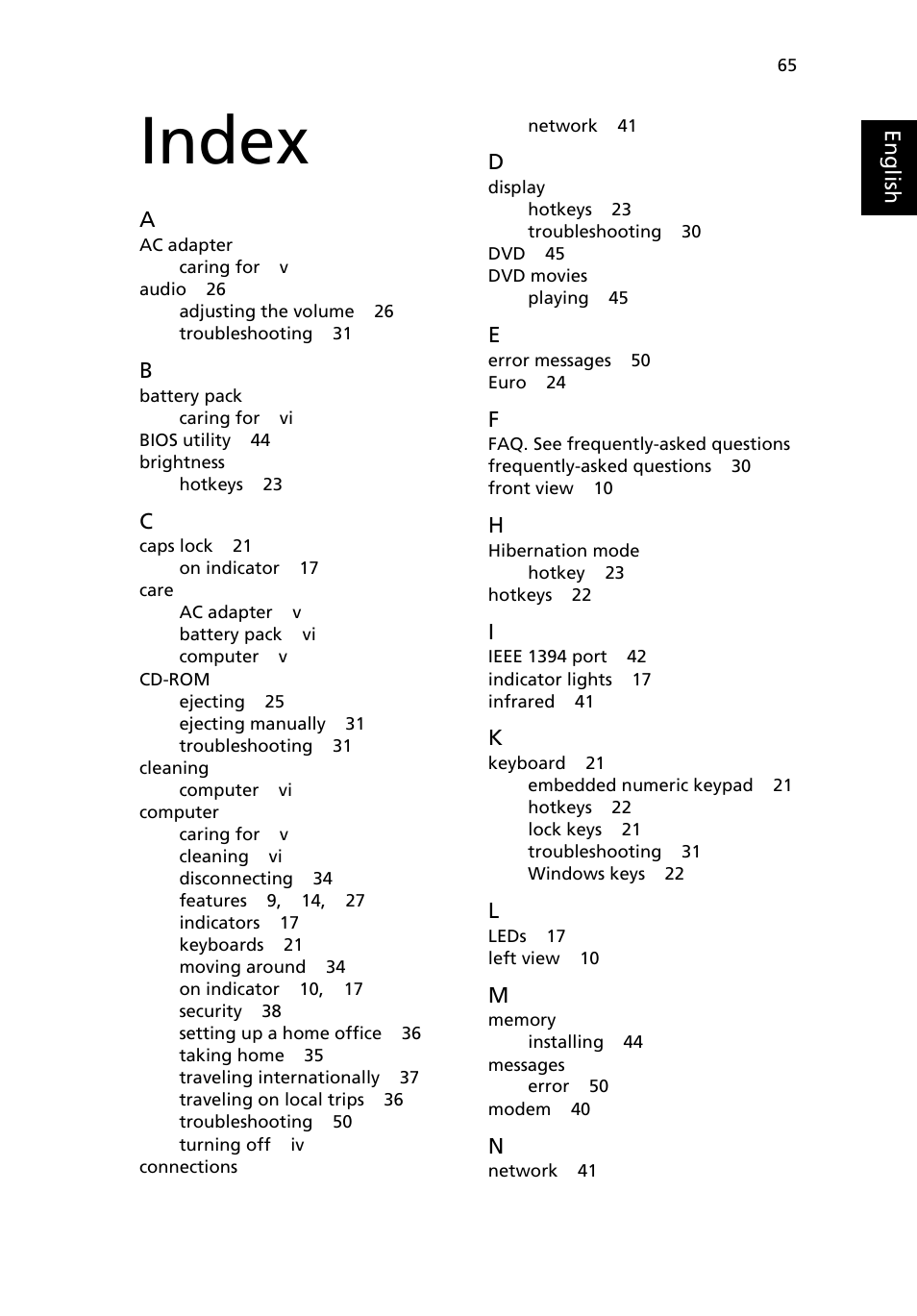 Index | Acer TravelMate 4100 User Manual | Page 75 / 76