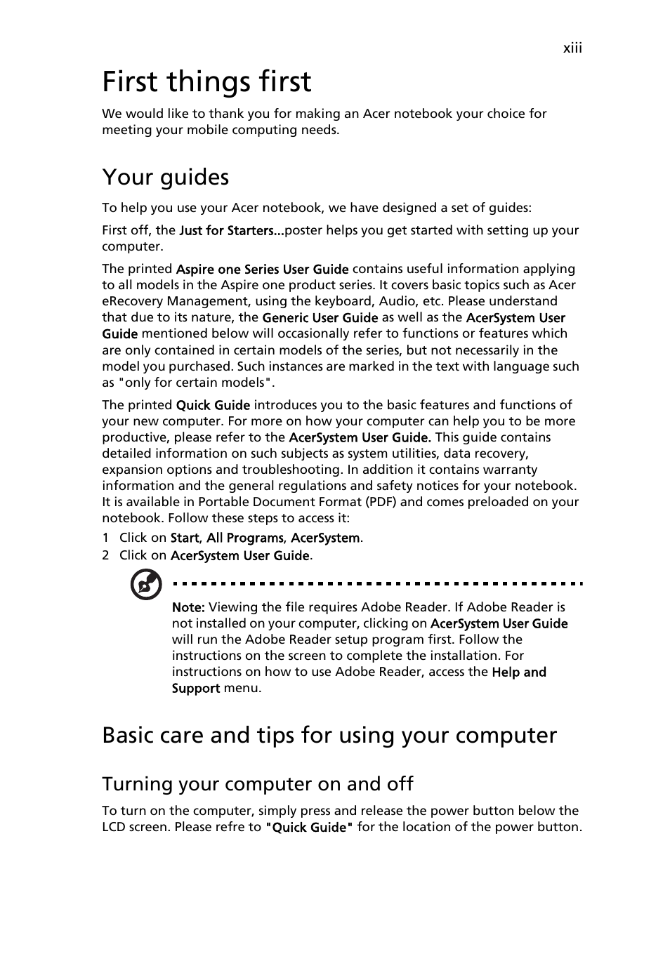 First things first, Your guides, Basic care and tips for using your computer | Acer AO531h User Manual | Page 13 / 52