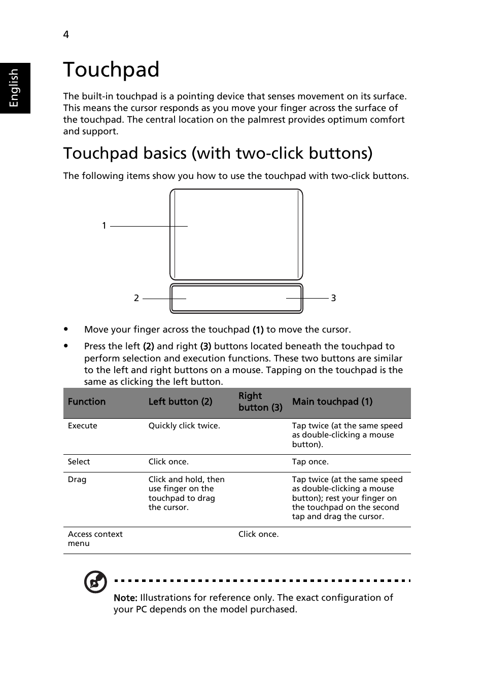 Touchpad, Touchpad basics (with two-click buttons) | Acer AO531h User Manual | Page 22 / 52