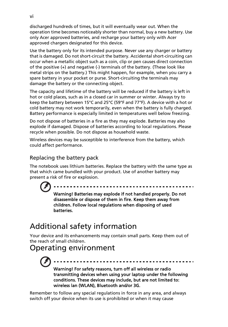 Additional safety information, Operating environment | Acer AO531h User Manual | Page 6 / 52