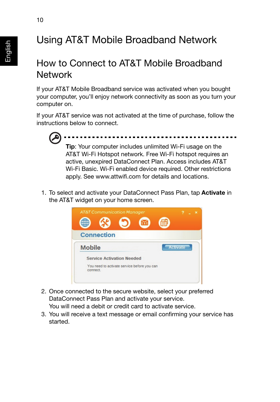 Using at&t mobile broadband network, How to connect to at&t mobile broadband network | Acer AO722 User Manual | Page 12 / 15