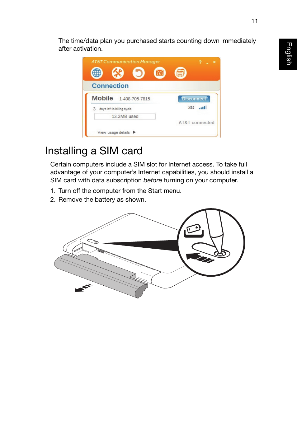 Installing a sim card | Acer AO722 User Manual | Page 13 / 15