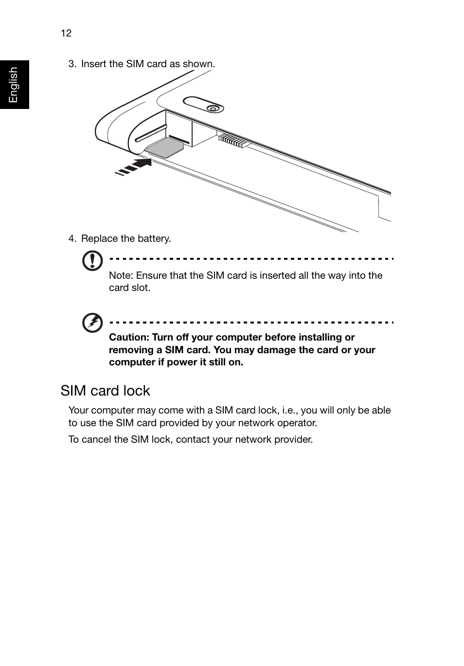 Sim card lock | Acer AO722 User Manual | Page 14 / 15