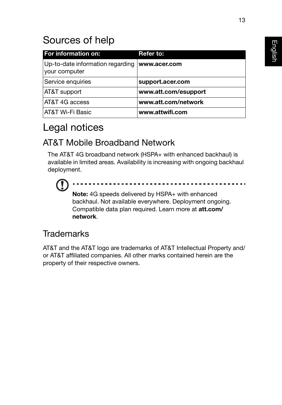 Sources of help, Legal notices, At&t mobile broadband network | Trademarks, Sources of help legal notices | Acer AO722 User Manual | Page 15 / 15