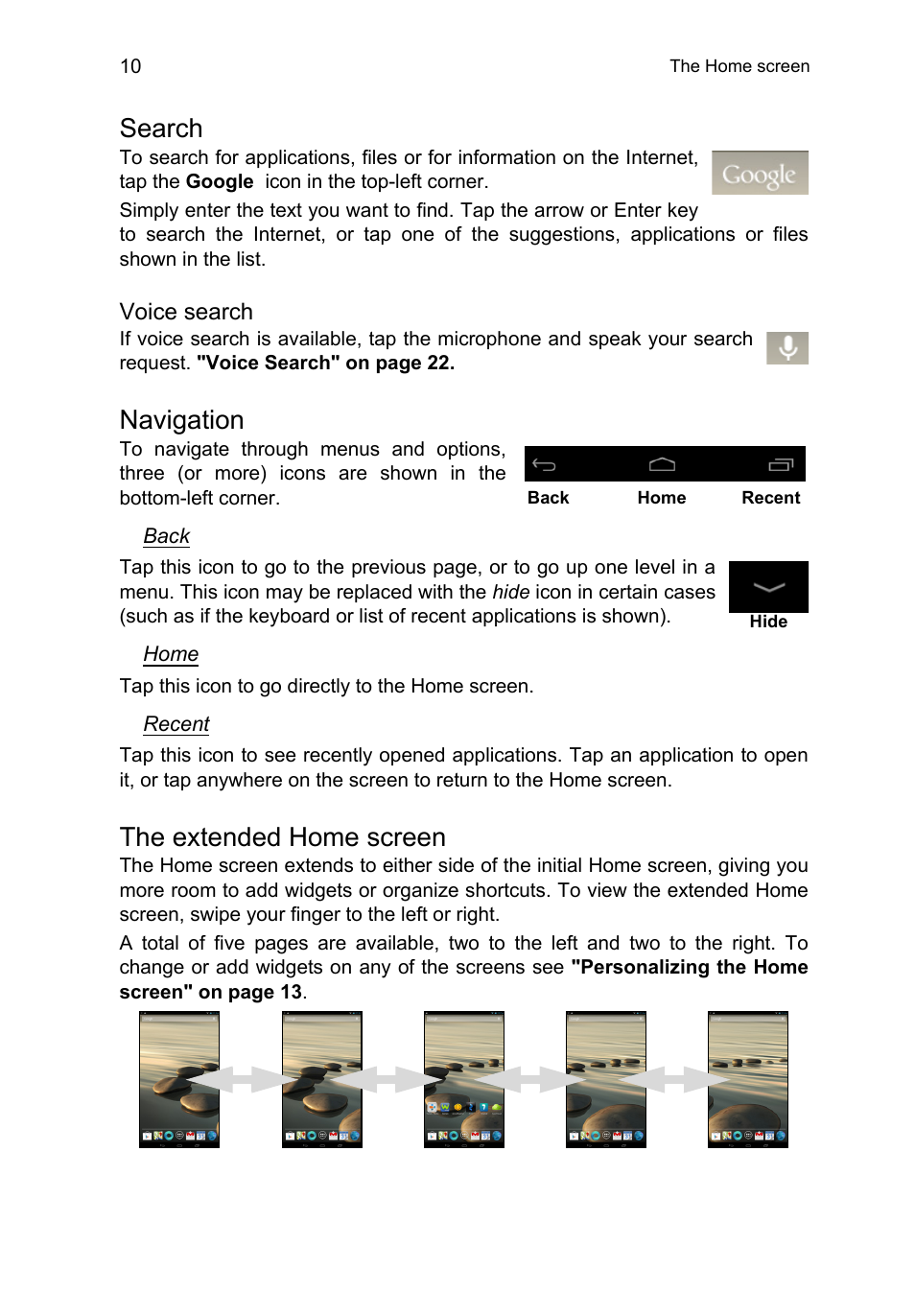 Search, Navigation, The extended home screen | Acer B1-710 User Manual | Page 10 / 48