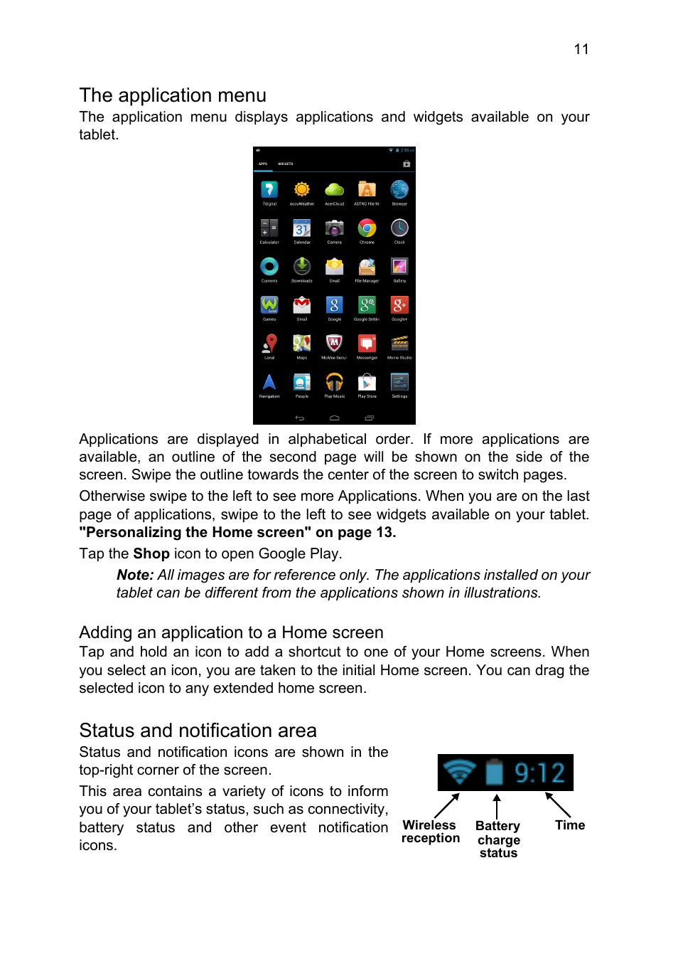 The application menu, Status and notification area, Adding an application to a home screen | Acer B1-710 User Manual | Page 11 / 48