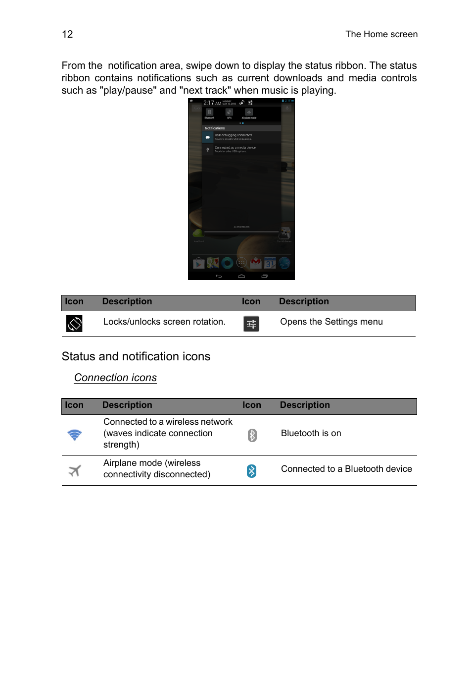 Status and notification icons | Acer B1-710 User Manual | Page 12 / 48