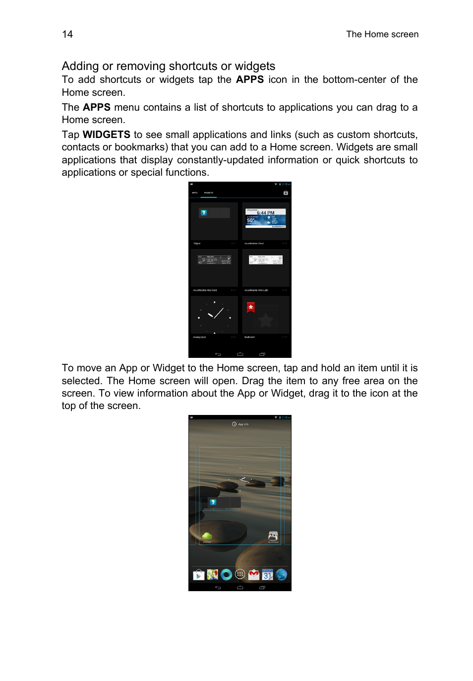 Adding or removing shortcuts or widgets | Acer B1-710 User Manual | Page 14 / 48