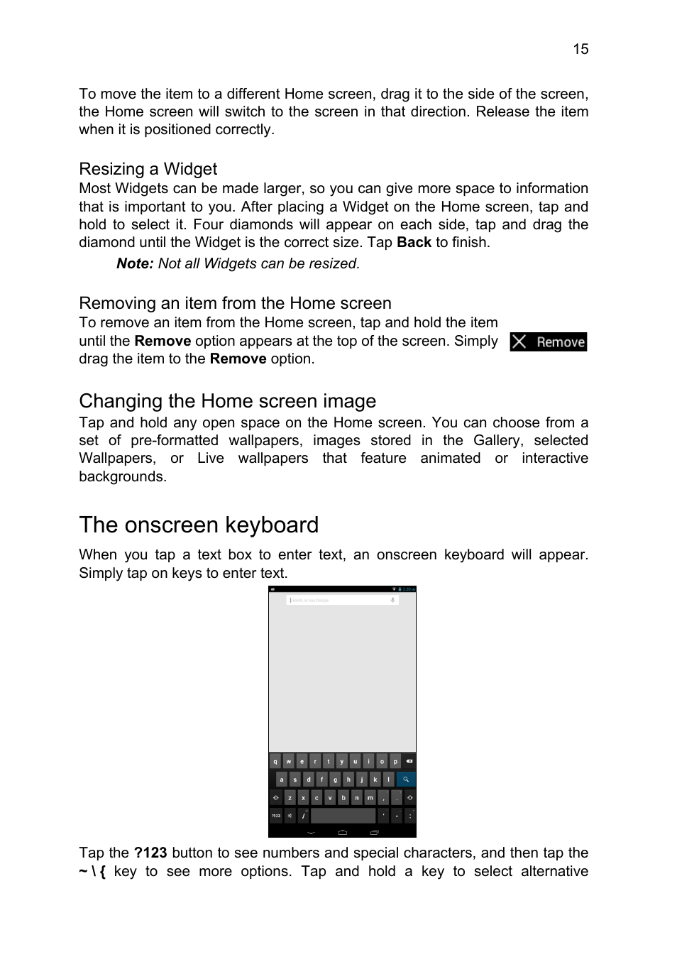 Changing the home screen image, The onscreen keyboard | Acer B1-710 User Manual | Page 15 / 48