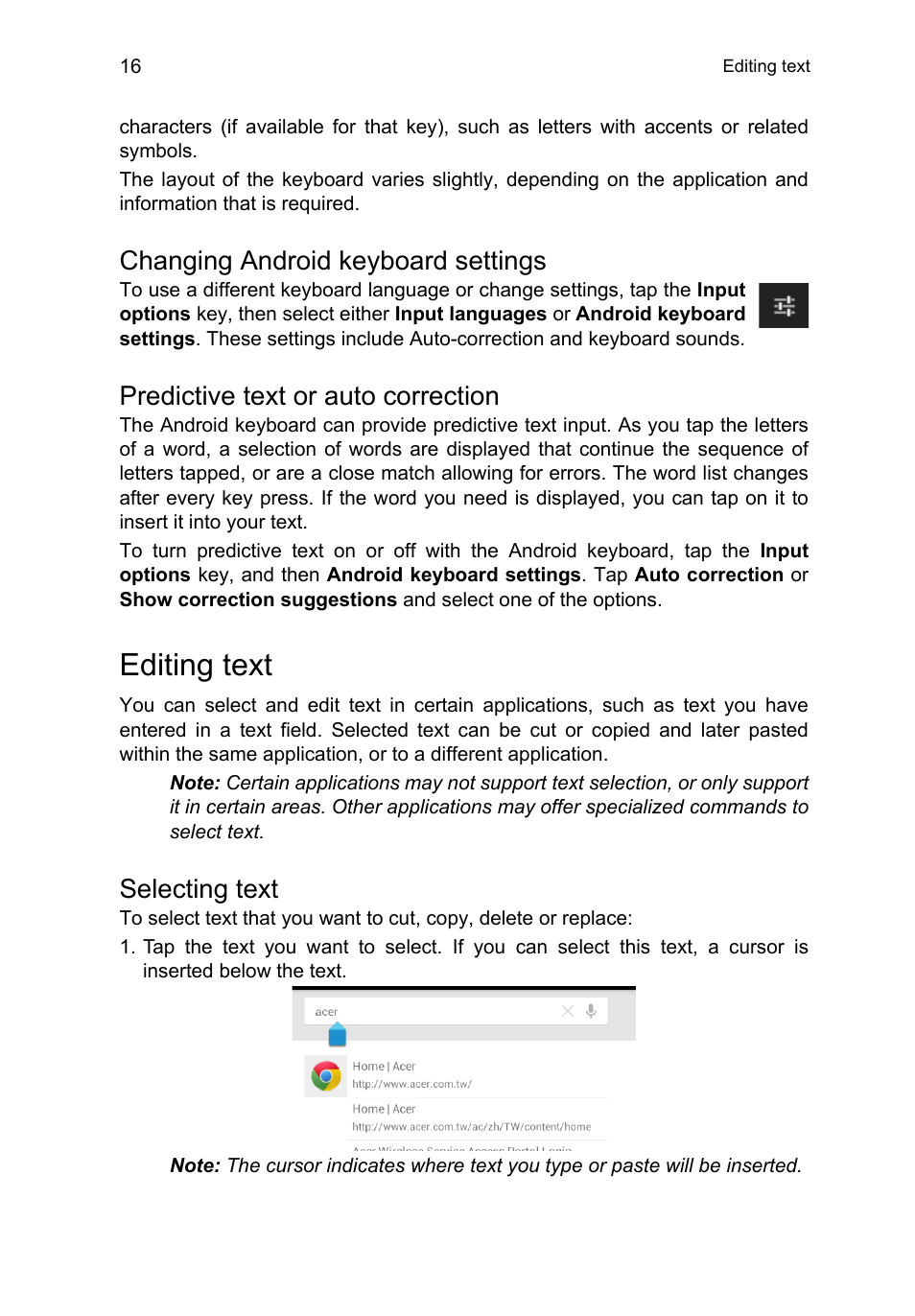 Changing android keyboard settings, Predictive text or auto correction, Editing text | Selecting text | Acer B1-710 User Manual | Page 16 / 48