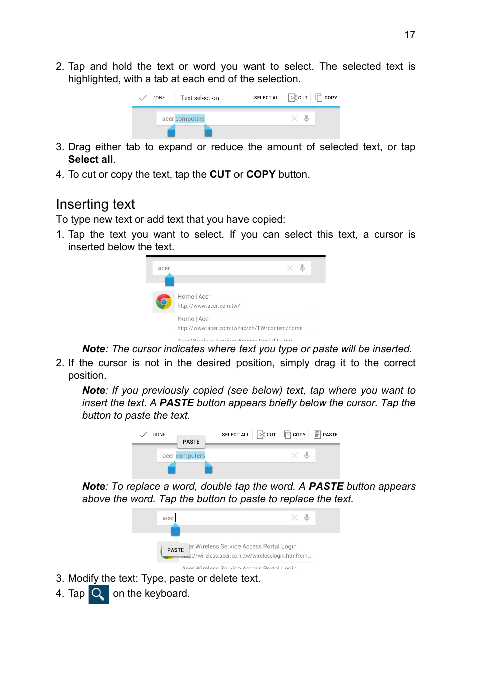 Inserting text | Acer B1-710 User Manual | Page 17 / 48