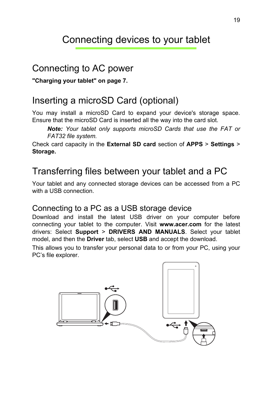 Connecting devices to your tablet, Connecting to ac power, Inserting a microsd card (optional) | Transferring files between your tablet and a pc, Connecting to a pc as a usb storage device | Acer B1-710 User Manual | Page 19 / 48