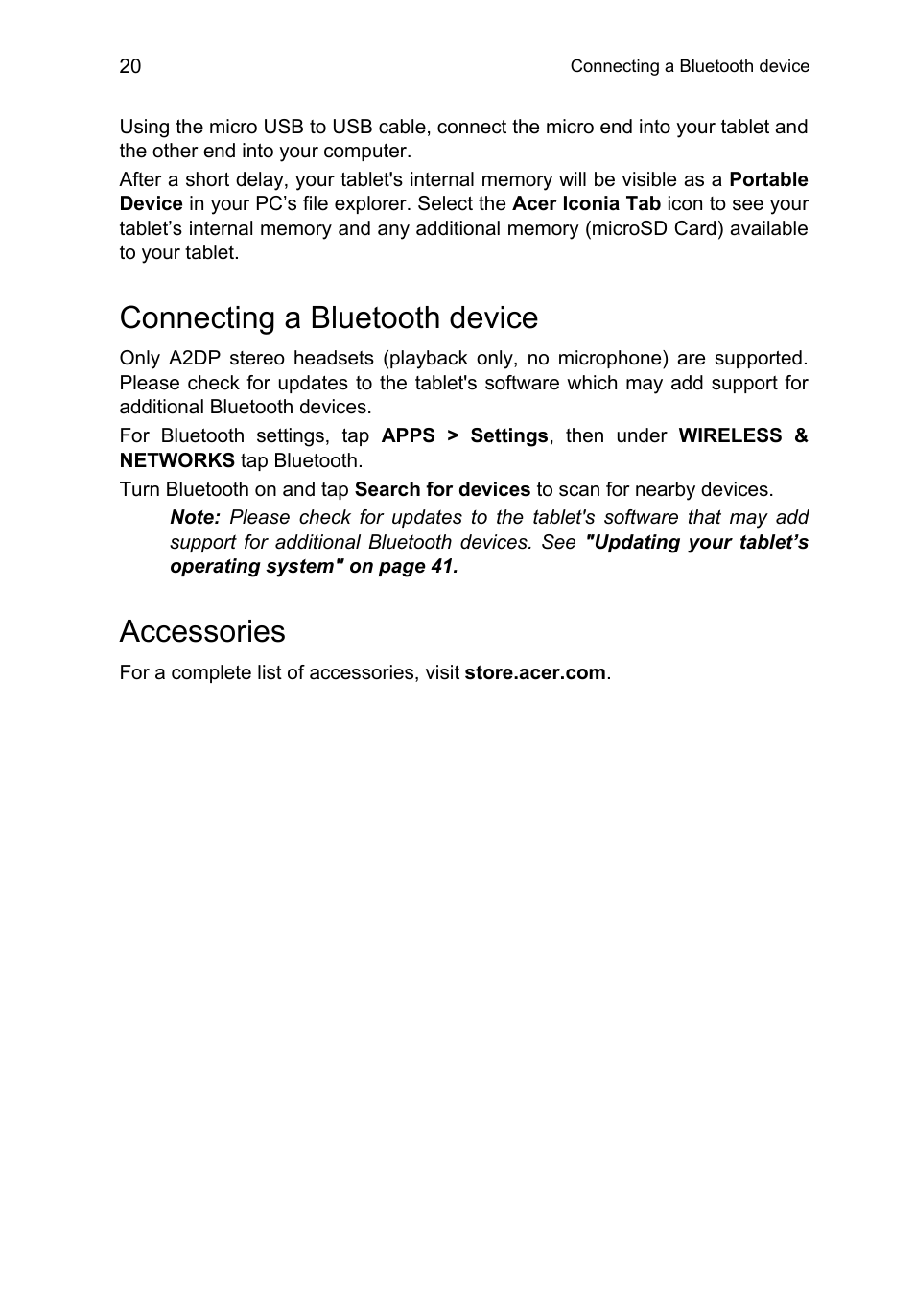 Connecting a bluetooth device, Accessories, Connecting a bluetooth device accessories | Acer B1-710 User Manual | Page 20 / 48