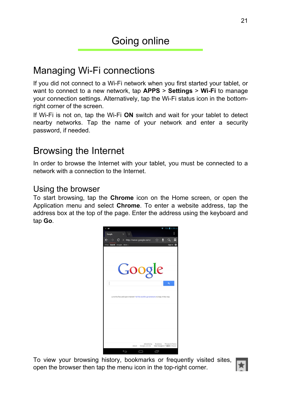 Going online, Managing wi-fi connections, Browsing the internet | Using the browser, Managing wi-fi connections browsing the internet | Acer B1-710 User Manual | Page 21 / 48