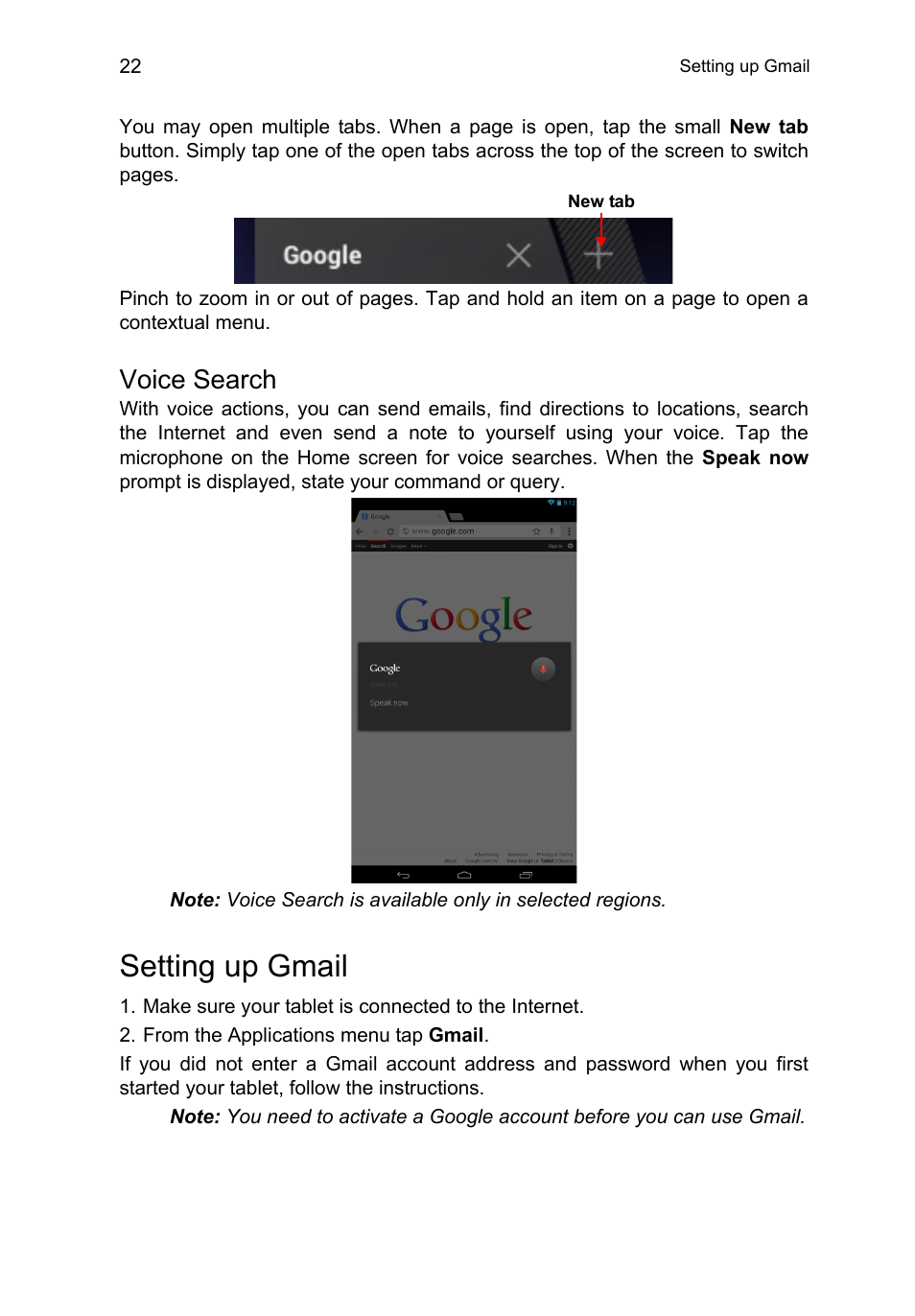 Voice search, Setting up gmail | Acer B1-710 User Manual | Page 22 / 48