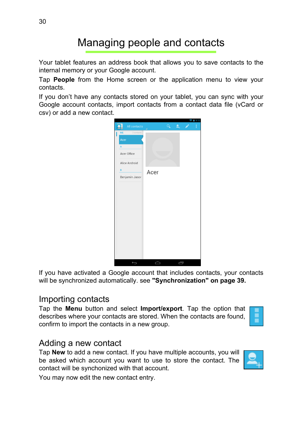 Managing people and contacts, Importing contacts, Adding a new contact | Acer B1-710 User Manual | Page 30 / 48