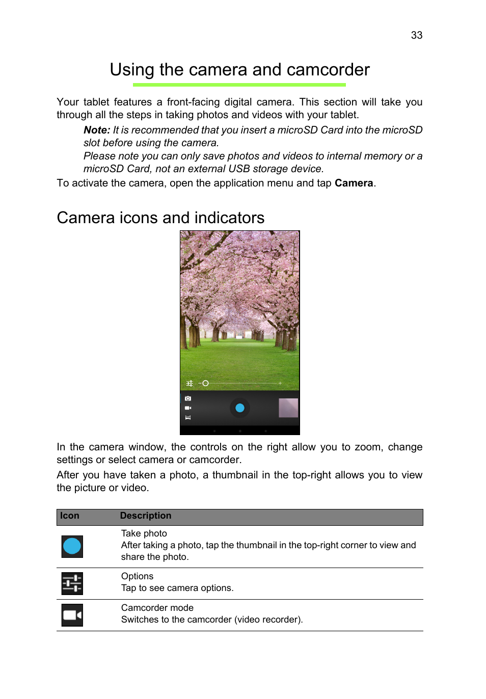 Using the camera and camcorder, Camera icons and indicators | Acer B1-710 User Manual | Page 33 / 48