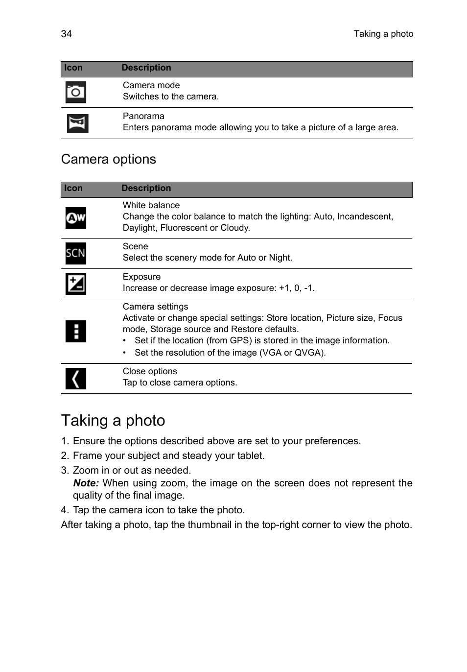 Camera options, Taking a photo | Acer B1-710 User Manual | Page 34 / 48