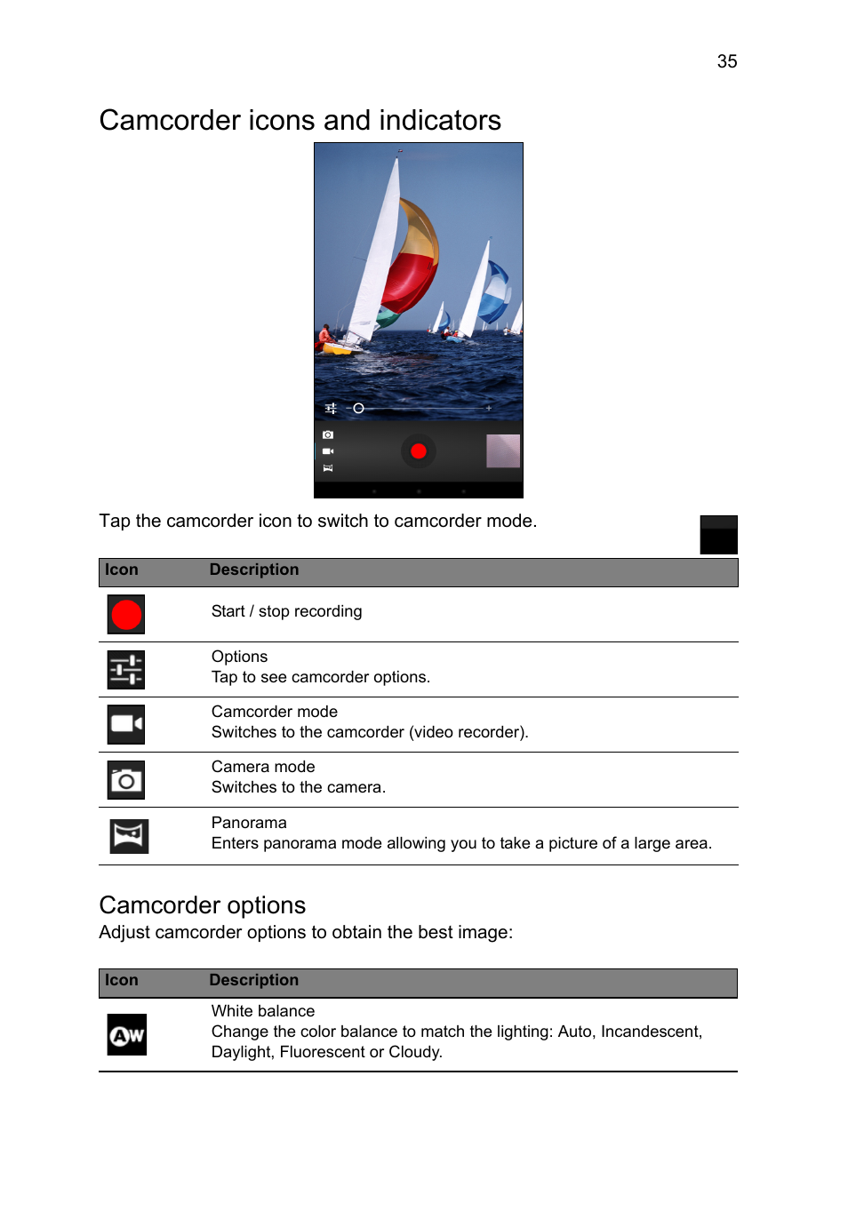 Camcorder icons and indicators, Camcorder options | Acer B1-710 User Manual | Page 35 / 48