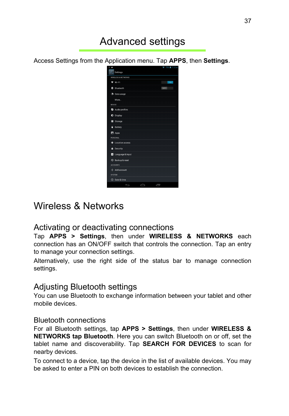 Advanced settings, Wireless & networks, Activating or deactivating connections | Adjusting bluetooth settings | Acer B1-710 User Manual | Page 37 / 48