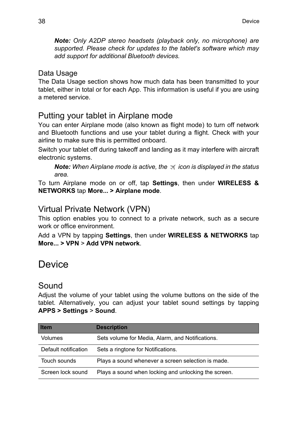 Putting your tablet in airplane mode, Virtual private network (vpn), Device | Sound | Acer B1-710 User Manual | Page 38 / 48