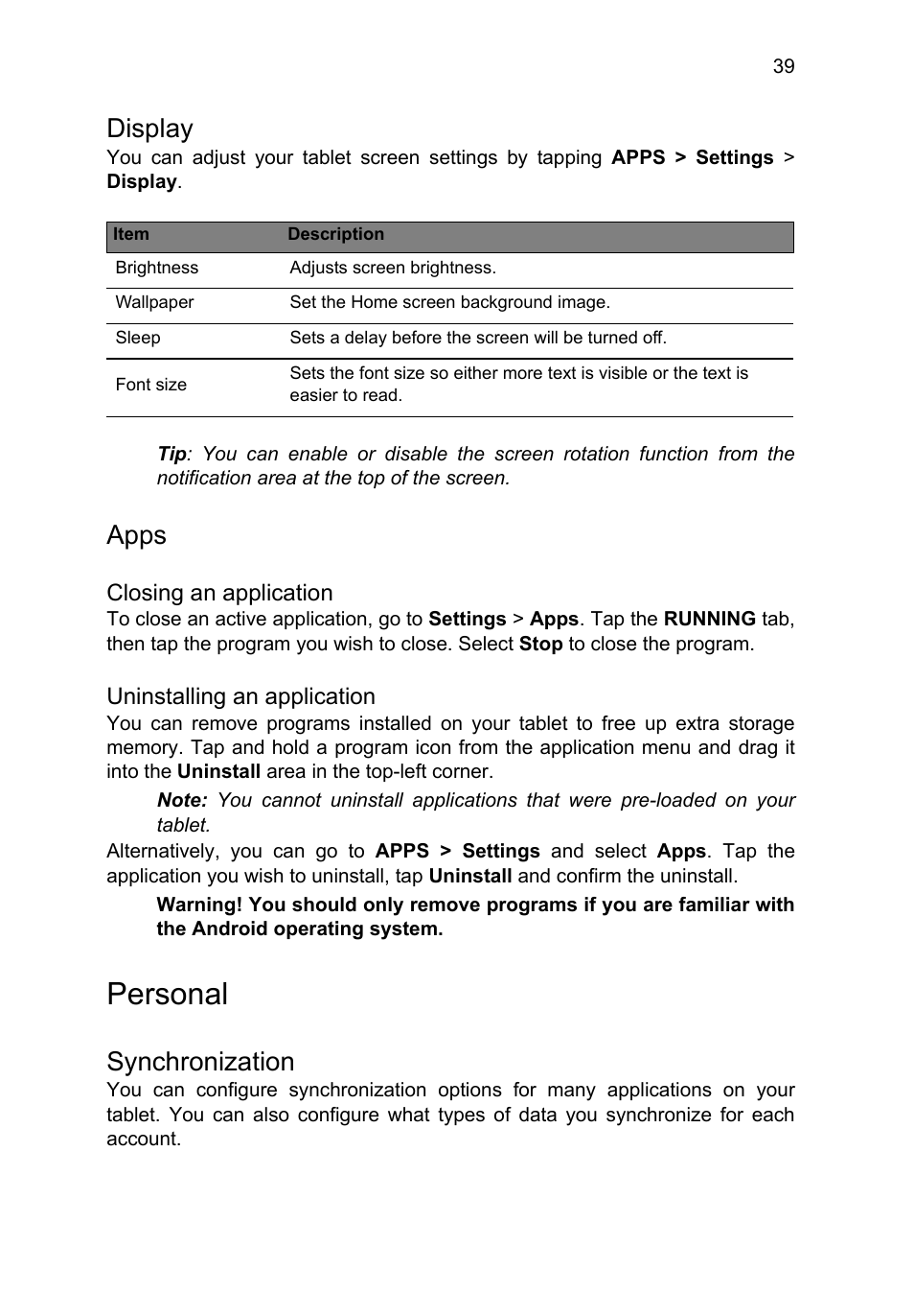 Display, Apps, Personal | Synchronization | Acer B1-710 User Manual | Page 39 / 48