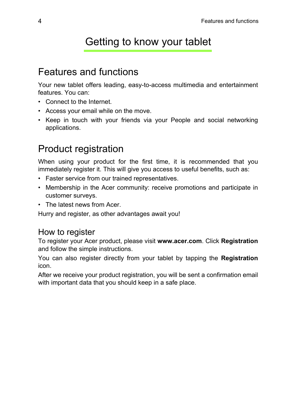 Getting to know your tablet, Features and functions, Product registration | How to register, Features and functions product registration | Acer B1-710 User Manual | Page 4 / 48