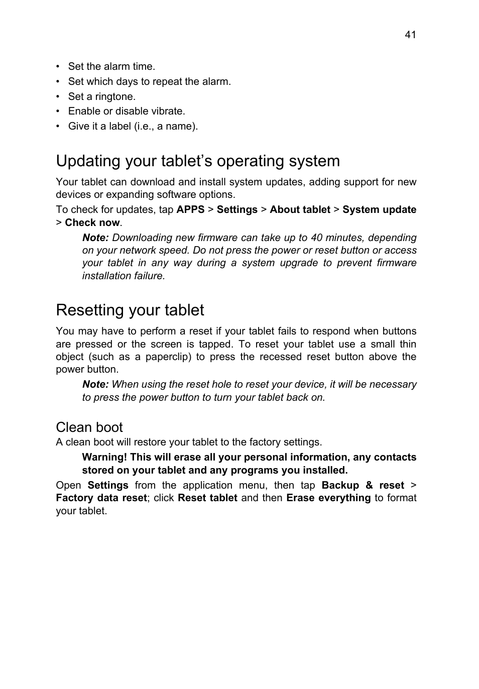Updating your tablet’s operating system, Resetting your tablet, Clean boot | Acer B1-710 User Manual | Page 41 / 48