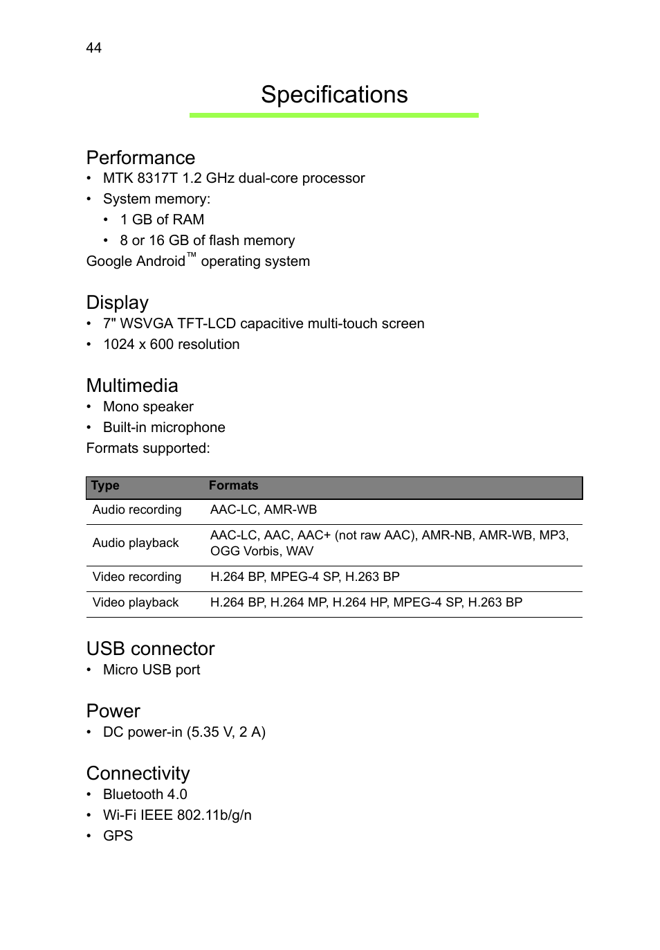 Specifications, Performance, Display | Multimedia, Usb connector, Power, Connectivity | Acer B1-710 User Manual | Page 44 / 48