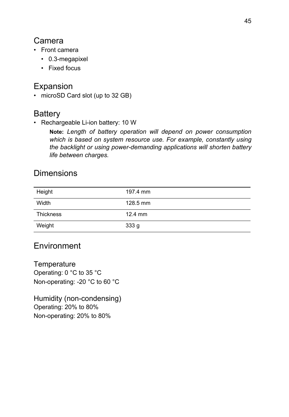 Camera, Expansion, Battery | Dimensions, Environment | Acer B1-710 User Manual | Page 45 / 48