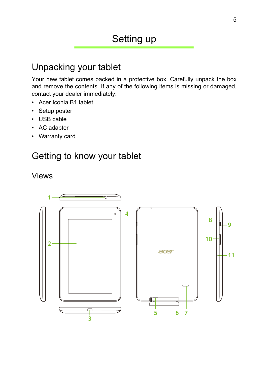 Setting up, Unpacking your tablet, Getting to know your tablet | Views, Unpacking your tablet getting to know your tablet | Acer B1-710 User Manual | Page 5 / 48