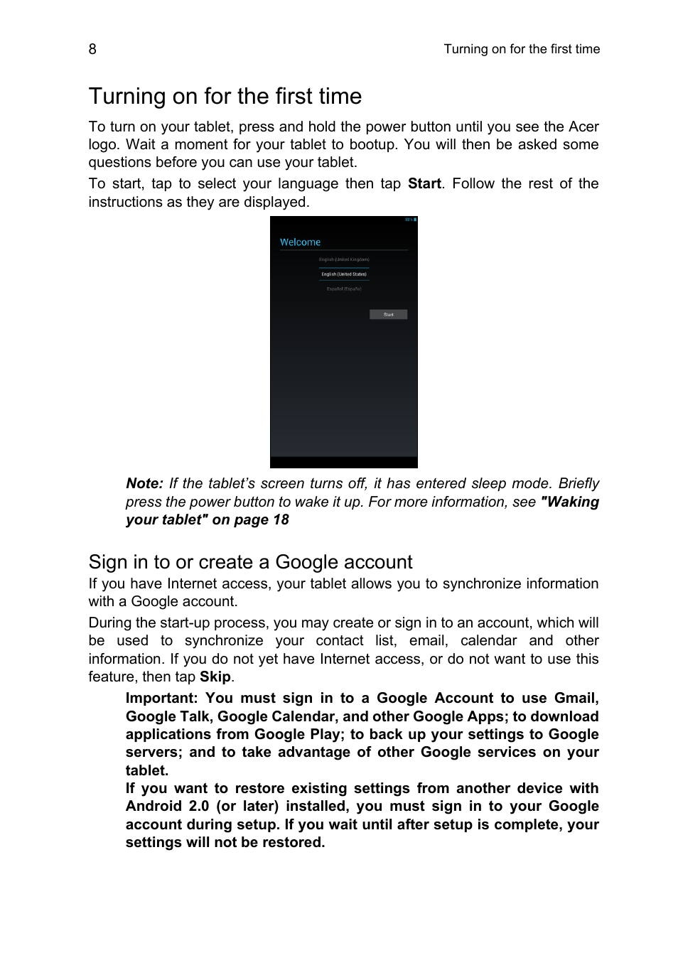 Turning on for the first time, Sign in to or create a google account | Acer B1-710 User Manual | Page 8 / 48