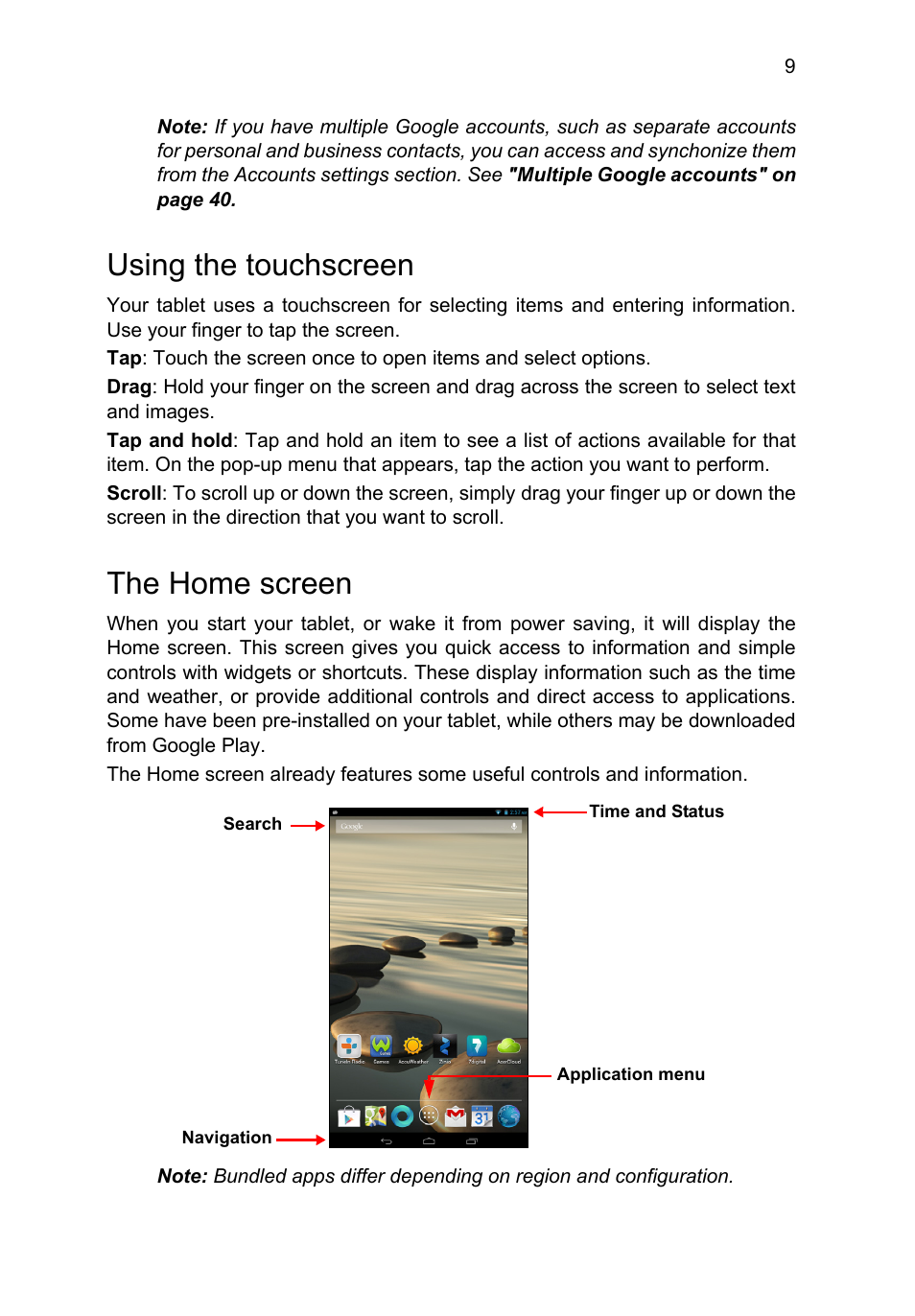 Using the touchscreen, The home screen, Using the touchscreen the home screen | Acer B1-710 User Manual | Page 9 / 48