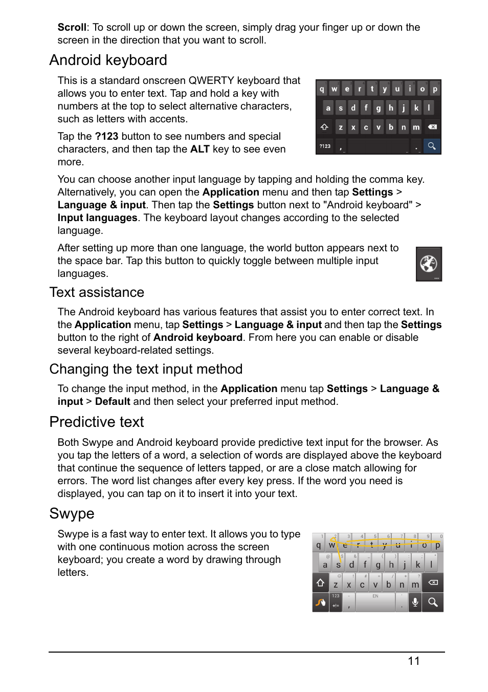 Android keyboard, Predictive text, Swype | Text assistance, Changing the text input method | Acer Z120 User Manual | Page 11 / 63