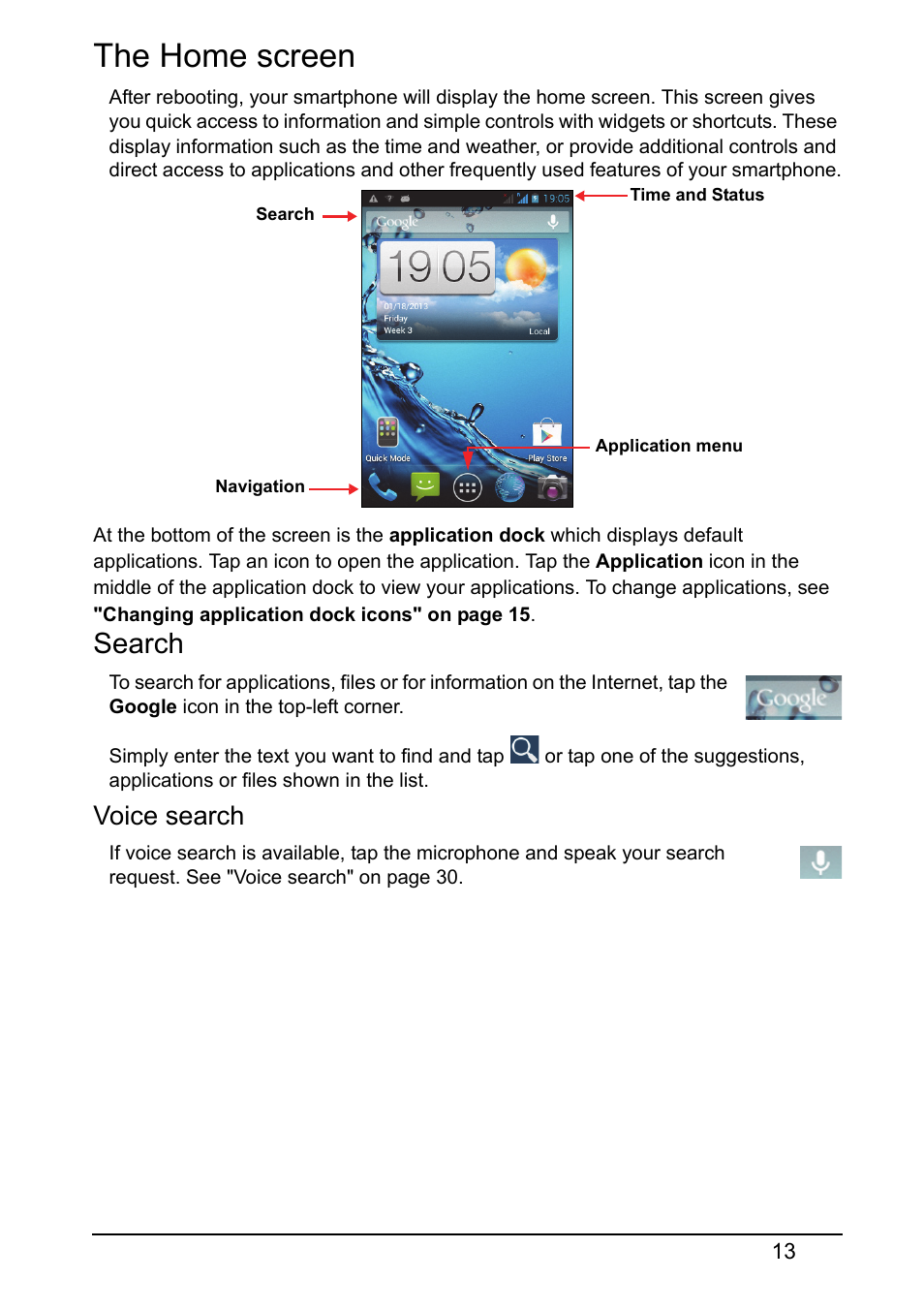 The home screen, Search, Voice search | Acer Z120 User Manual | Page 13 / 63
