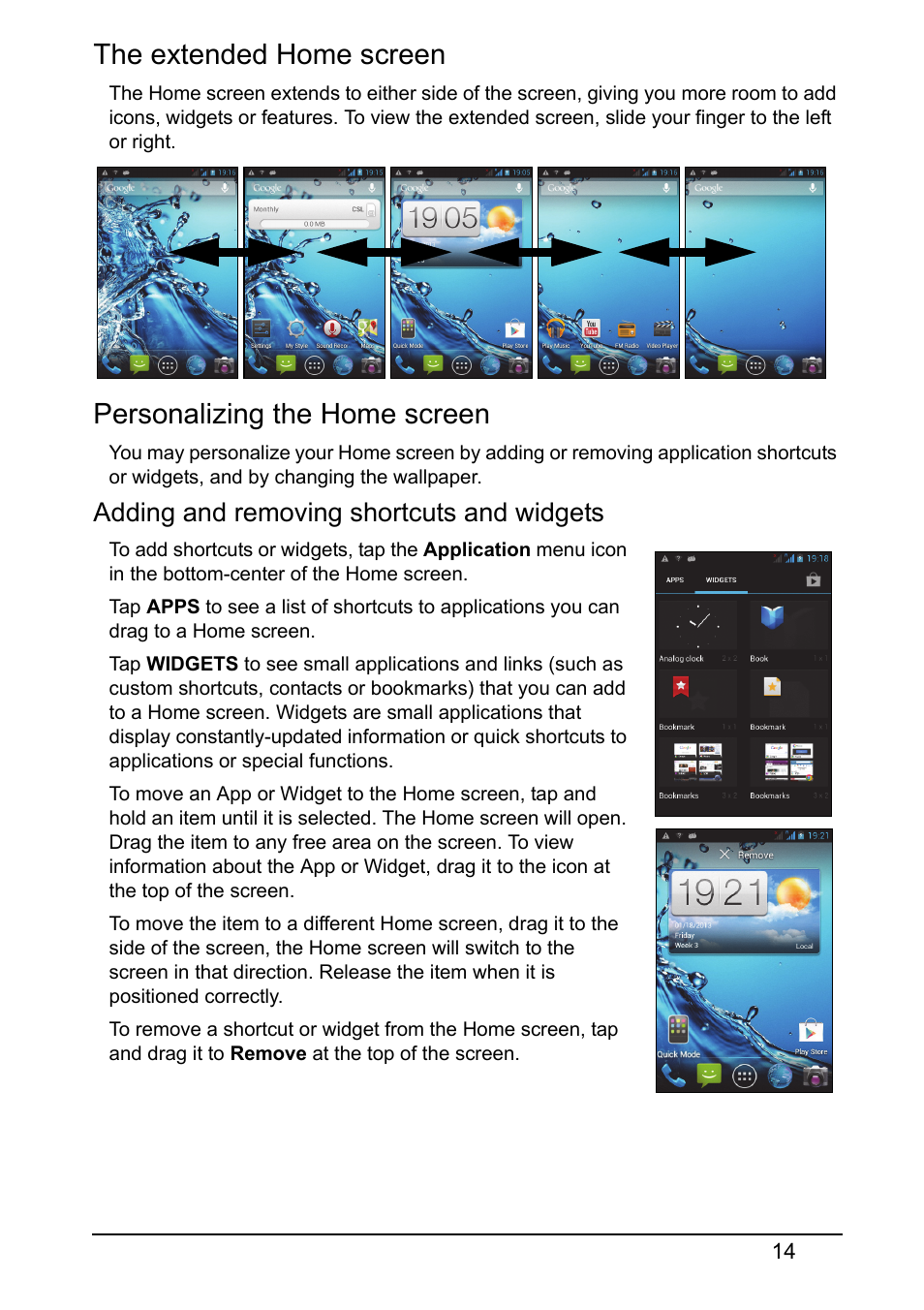 The extended home screen, Personalizing the home screen, Adding and removing shortcuts and widgets | Acer Z120 User Manual | Page 14 / 63