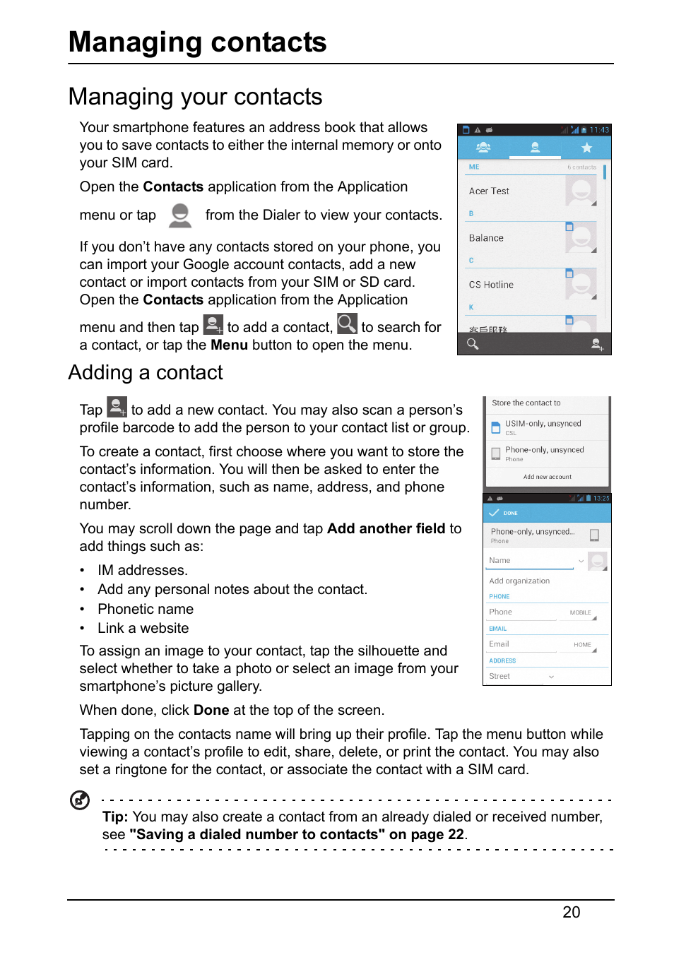 Managing contacts, Managing your contacts, Adding a contact | Acer Z120 User Manual | Page 20 / 63