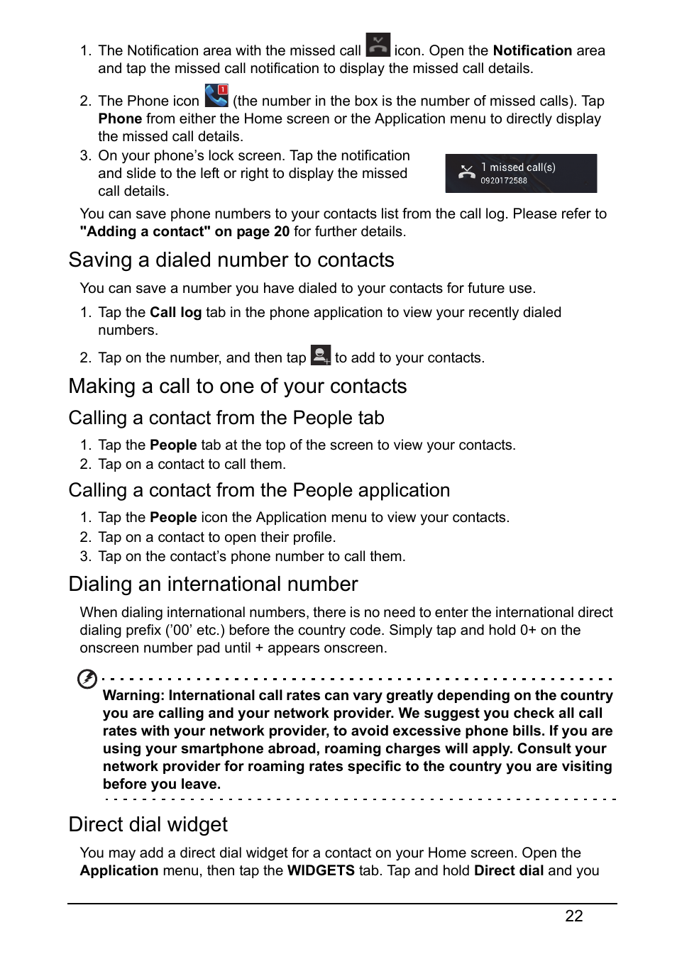 Saving a dialed number to contacts, Making a call to one of your contacts, Dialing an international number | Direct dial widget, Calling a contact from the people tab, Calling a contact from the people application | Acer Z120 User Manual | Page 22 / 63