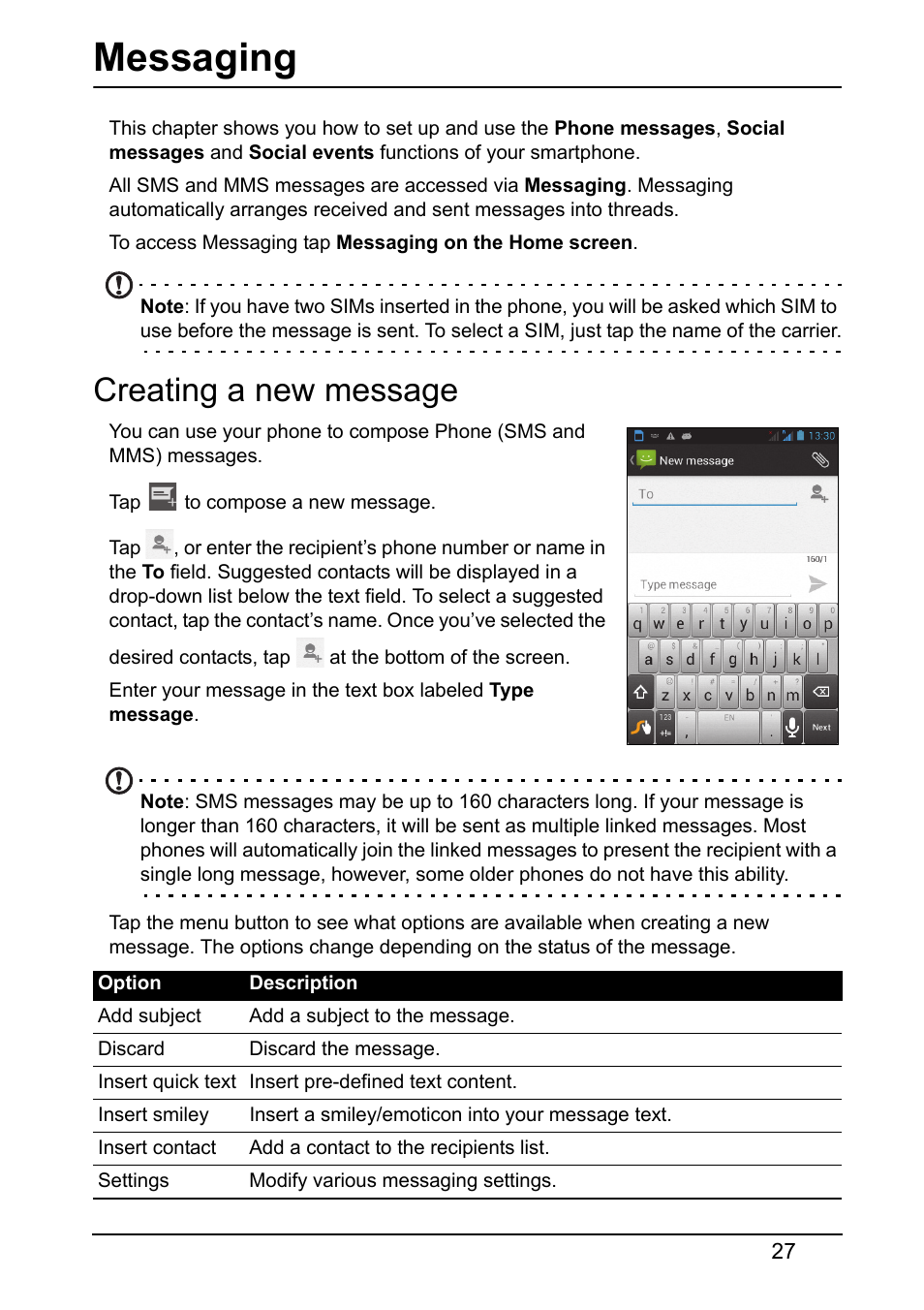 Messaging, Creating a new message | Acer Z120 User Manual | Page 27 / 63