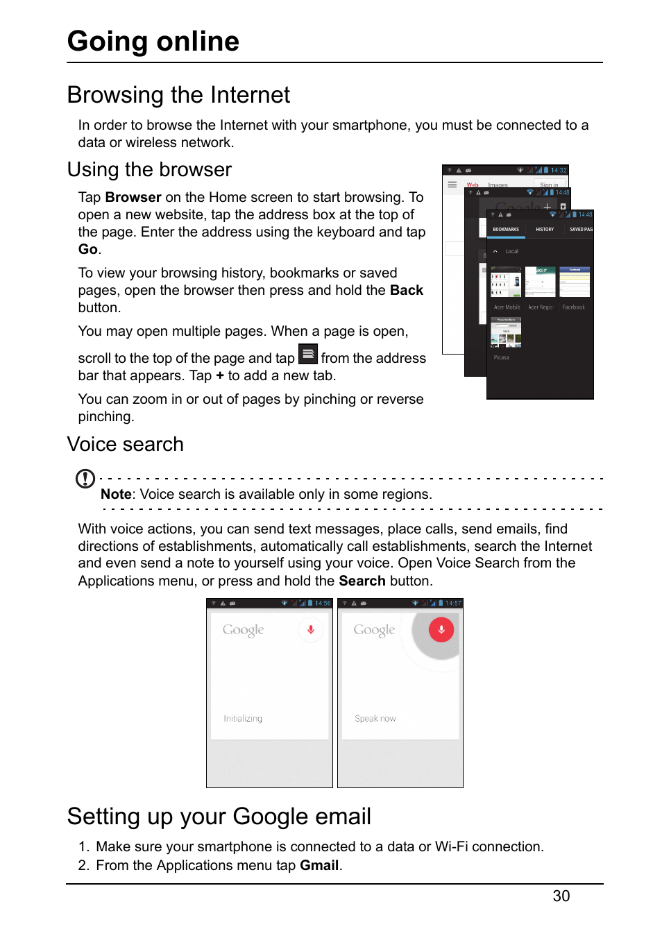 Going online, Browsing the internet, Using the browser | Voice search, Setting up your google email, Browsing the internet setting up your google email | Acer Z120 User Manual | Page 30 / 63