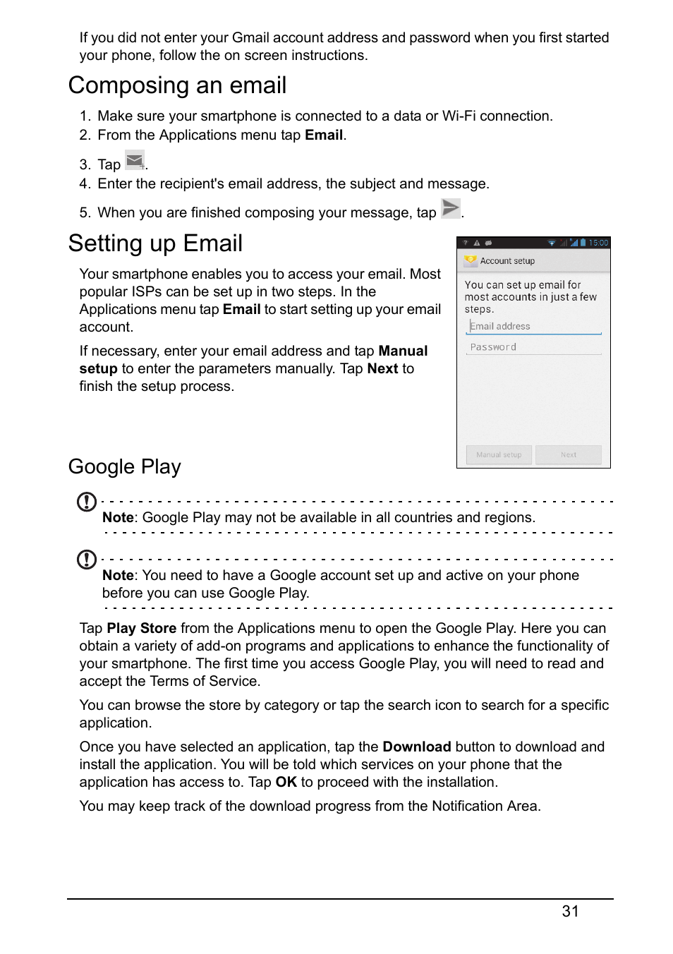 Composing an email, Setting up email, Google play | Composing an email setting up email | Acer Z120 User Manual | Page 31 / 63