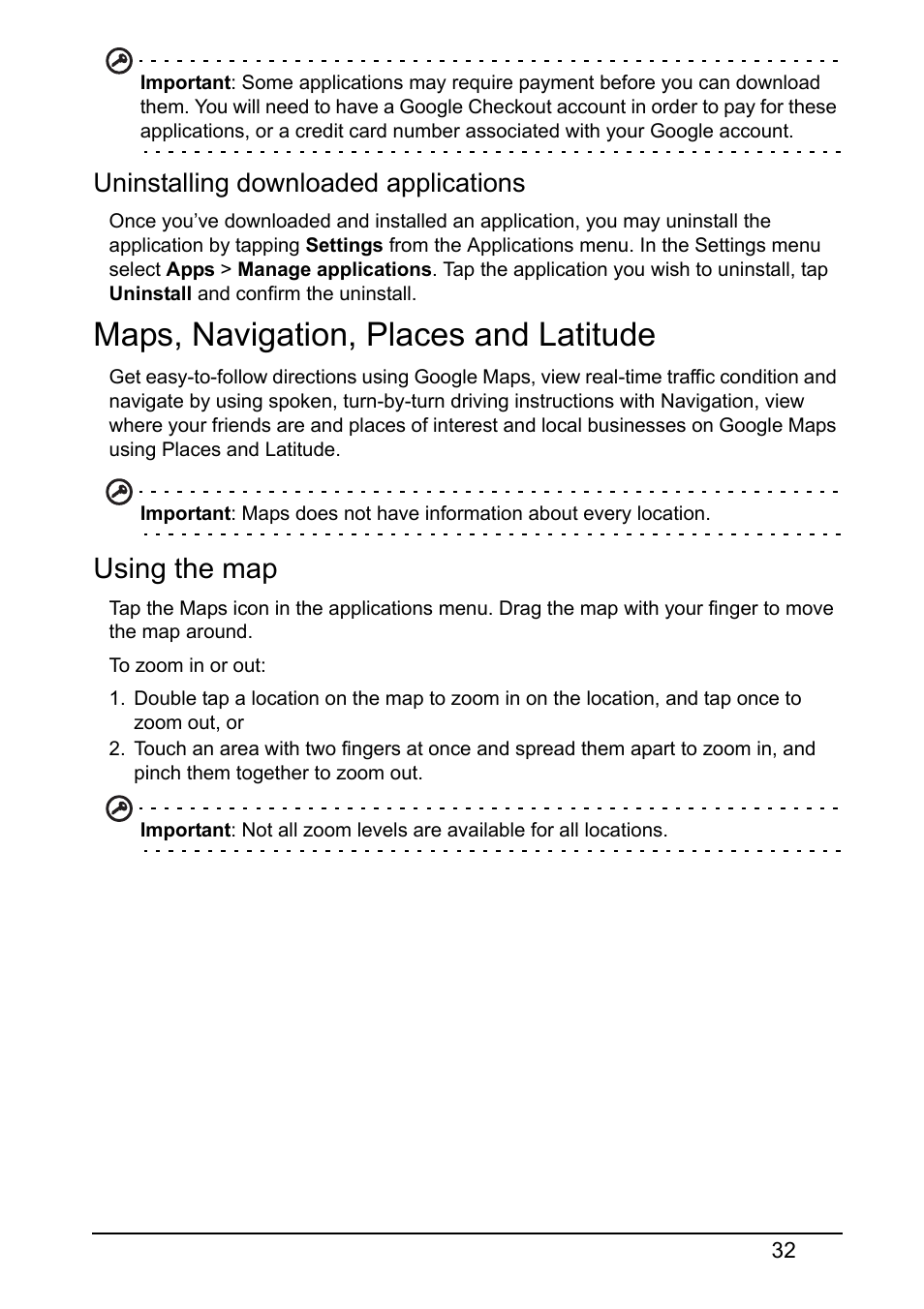 Maps, navigation, places and latitude, Using the map, Uninstalling downloaded applications | Acer Z120 User Manual | Page 32 / 63