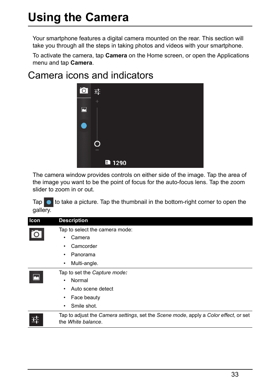 Using the camera, Camera icons and indicators | Acer Z120 User Manual | Page 33 / 63